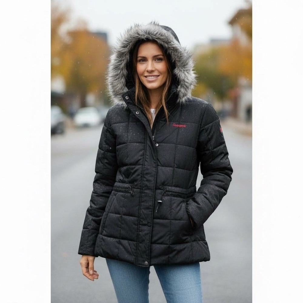 Vintage Southpole‎ Black Puffer Jacket with Faux Fur Hood Size XL Y2K NEW